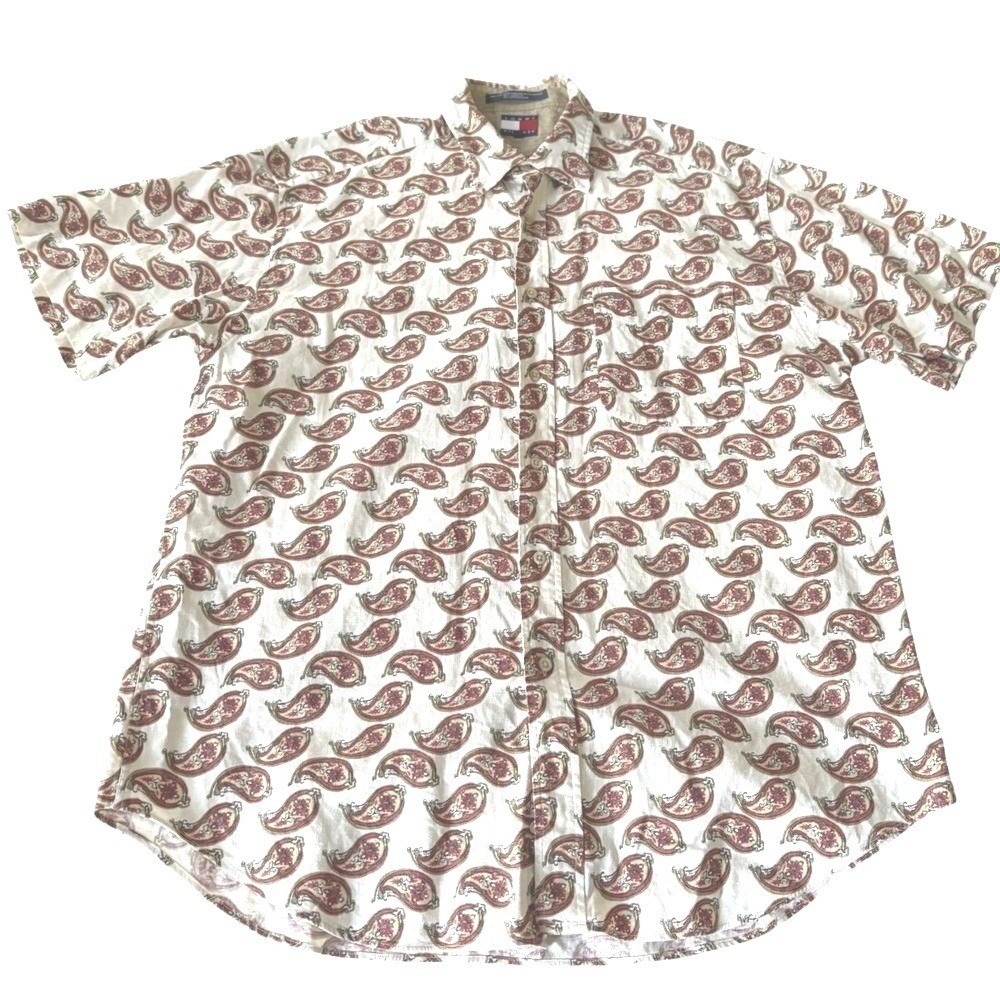 Tommy Hilfiger VTG 90s Paisley Linen Short Sleeve Button Up Shirt Mens Medium